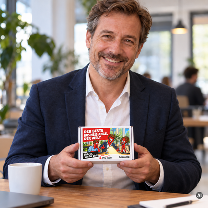 Der beste Business Angel der Welt – kleine Geschenkbox in der Hand (AI)