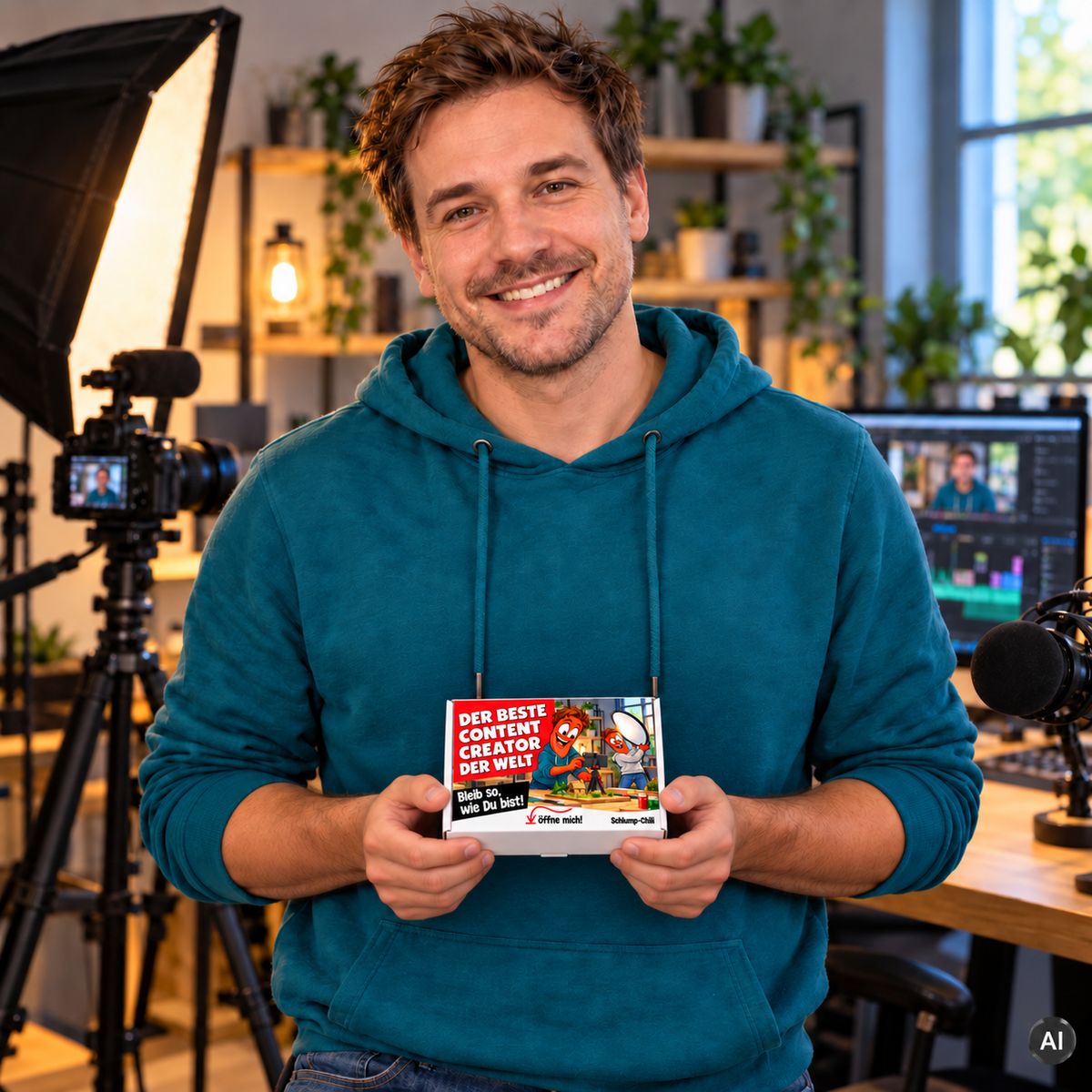 Der beste Content Creator der Welt – kleine Geschenkbox in der Hand (AI)