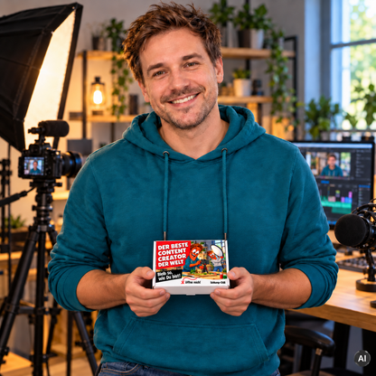 Der beste Content Creator der Welt – kleine Geschenkbox in der Hand (AI)