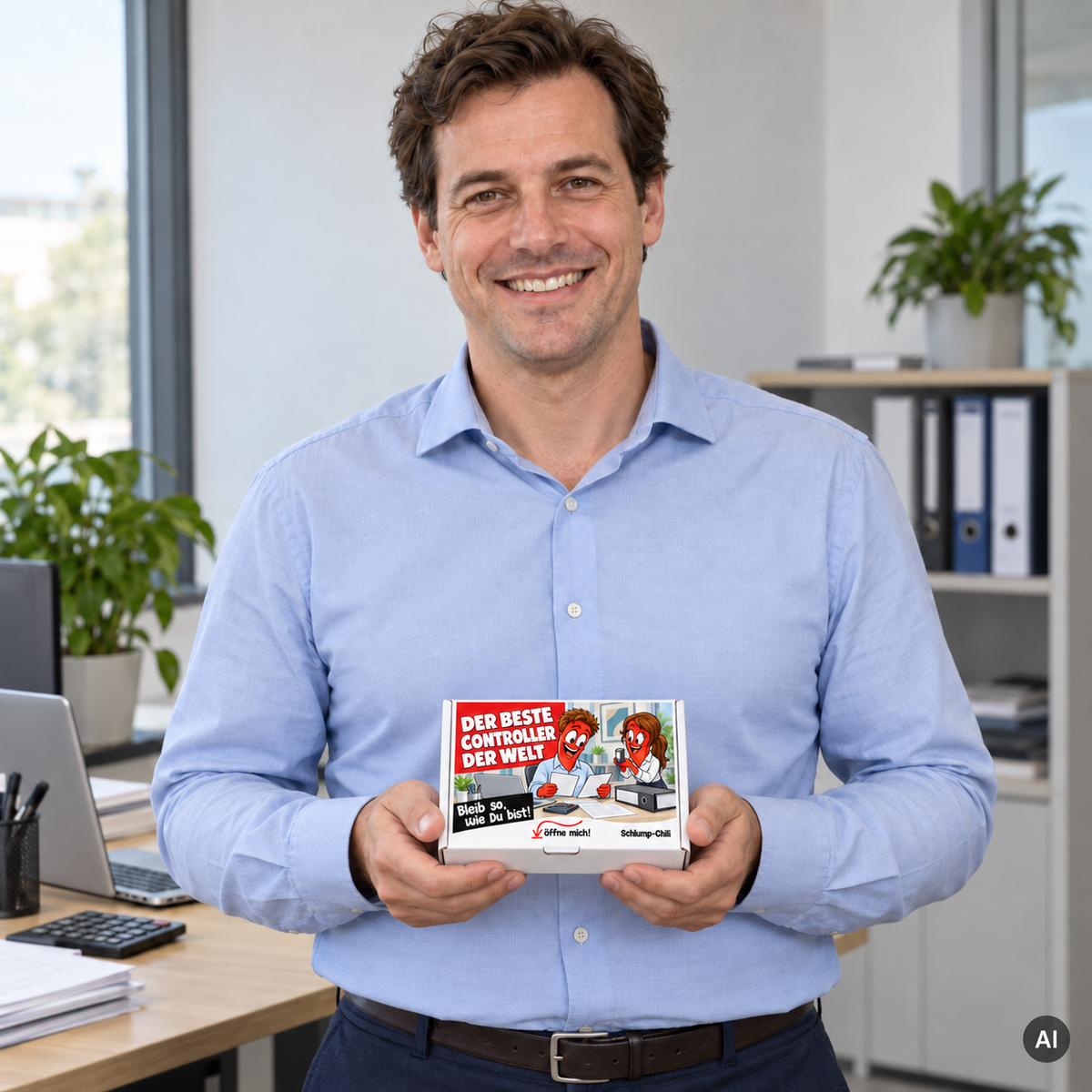 Der beste Controller der Welt – kleine Geschenkbox in der Hand (AI)