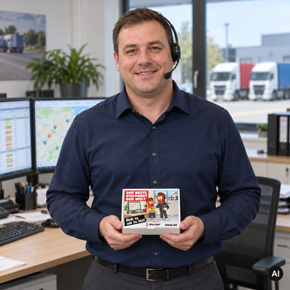 Der beste Disponent der Welt – Lifestylebild mit kleiner Geschenkbox (AI)