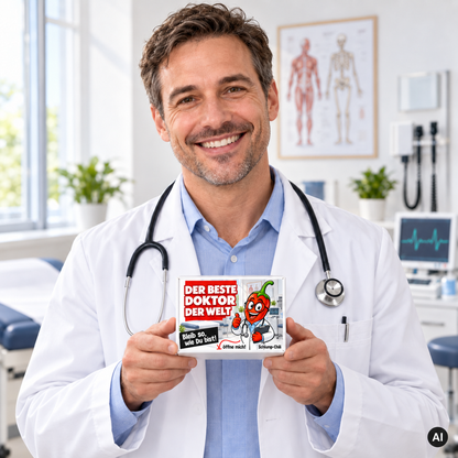 Der beste Doktor der Welt – kleine Geschenkbox in der Hand (AI)