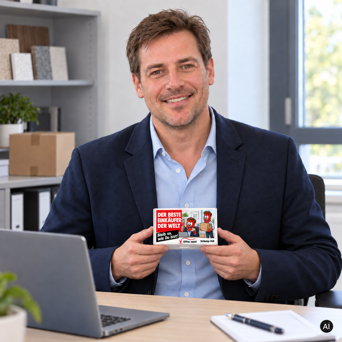 Der beste Einkäufer der Welt – Lifestylebild mit kleiner A6-Geschenkschachtel