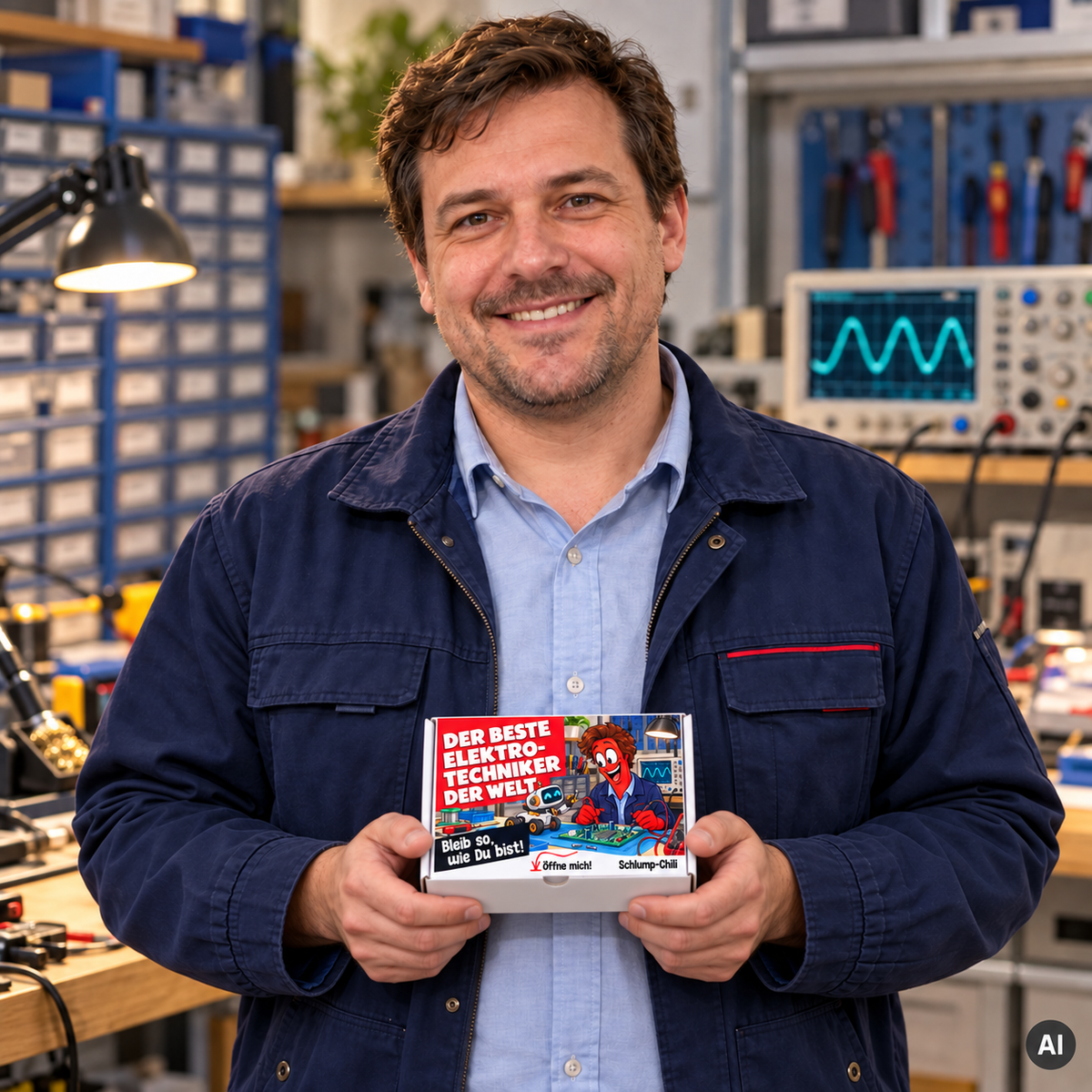 Der beste Elektrotechniker der Welt – kleine Geschenkbox in der Hand (AI)
