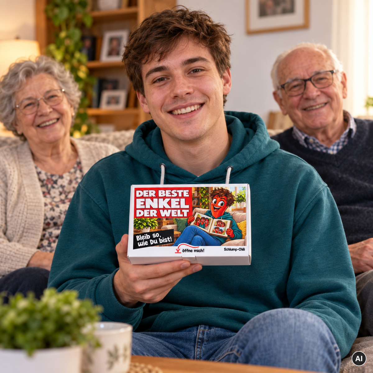 Der beste Enkel der Welt – Lifestylebild mit kleiner weißer Geschenkbox (ca. A6), KI-generiert