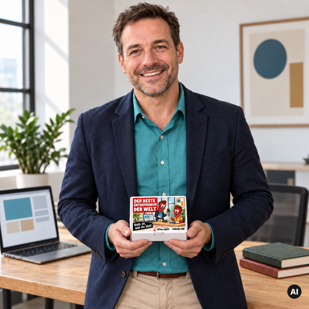 Der beste Entrepreneur der Welt – Lifestylebild mit kleiner Geschenkbox (AI)