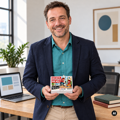 Der beste Entrepreneur der Welt – Lifestylebild mit kleiner Geschenkbox (AI)
