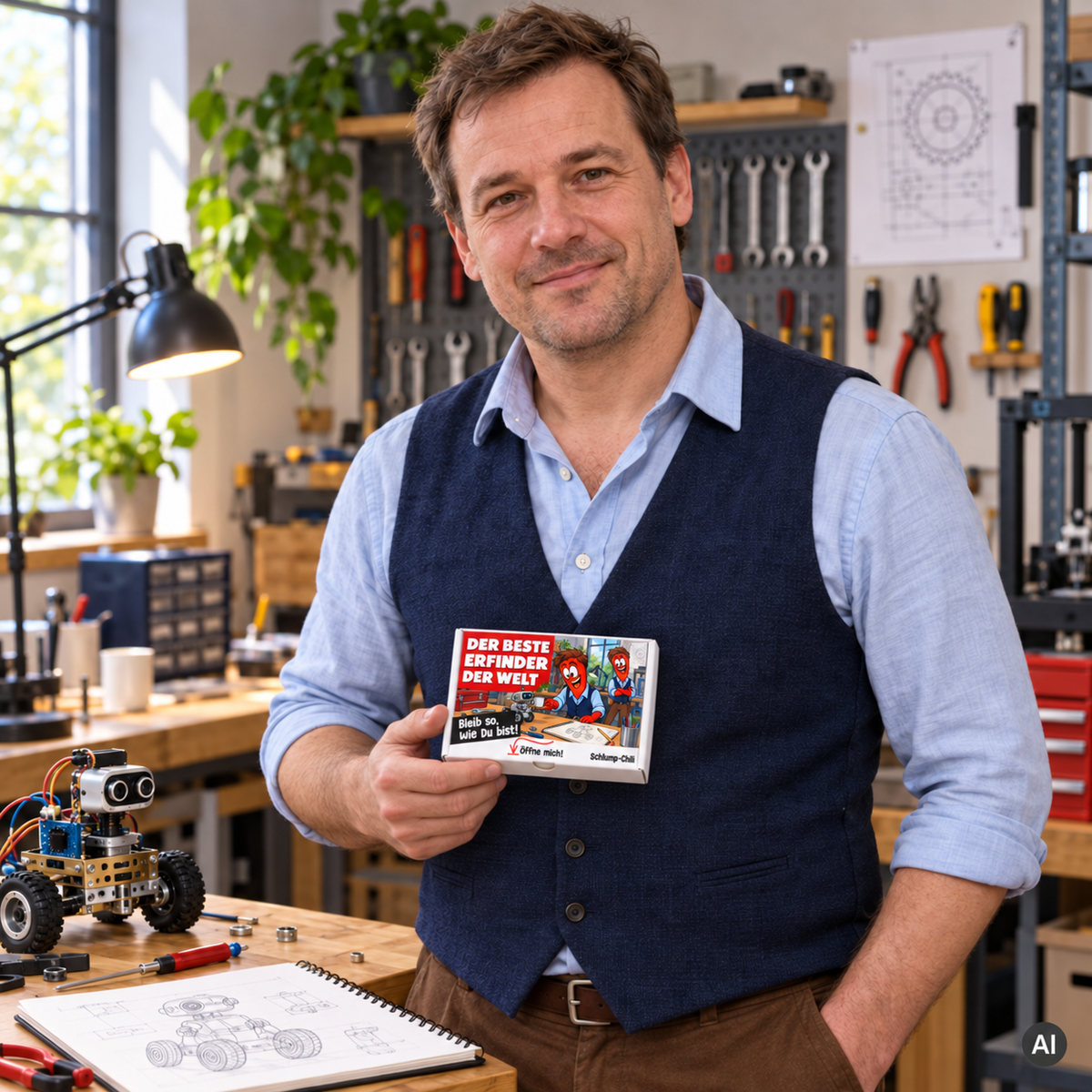 Der beste Erfinder der Welt – kleine Geschenkbox in der Hand (AI)