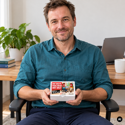 Der beste Freelancer der Welt – Lifestylebild mit kleiner Geschenkbox (AI)