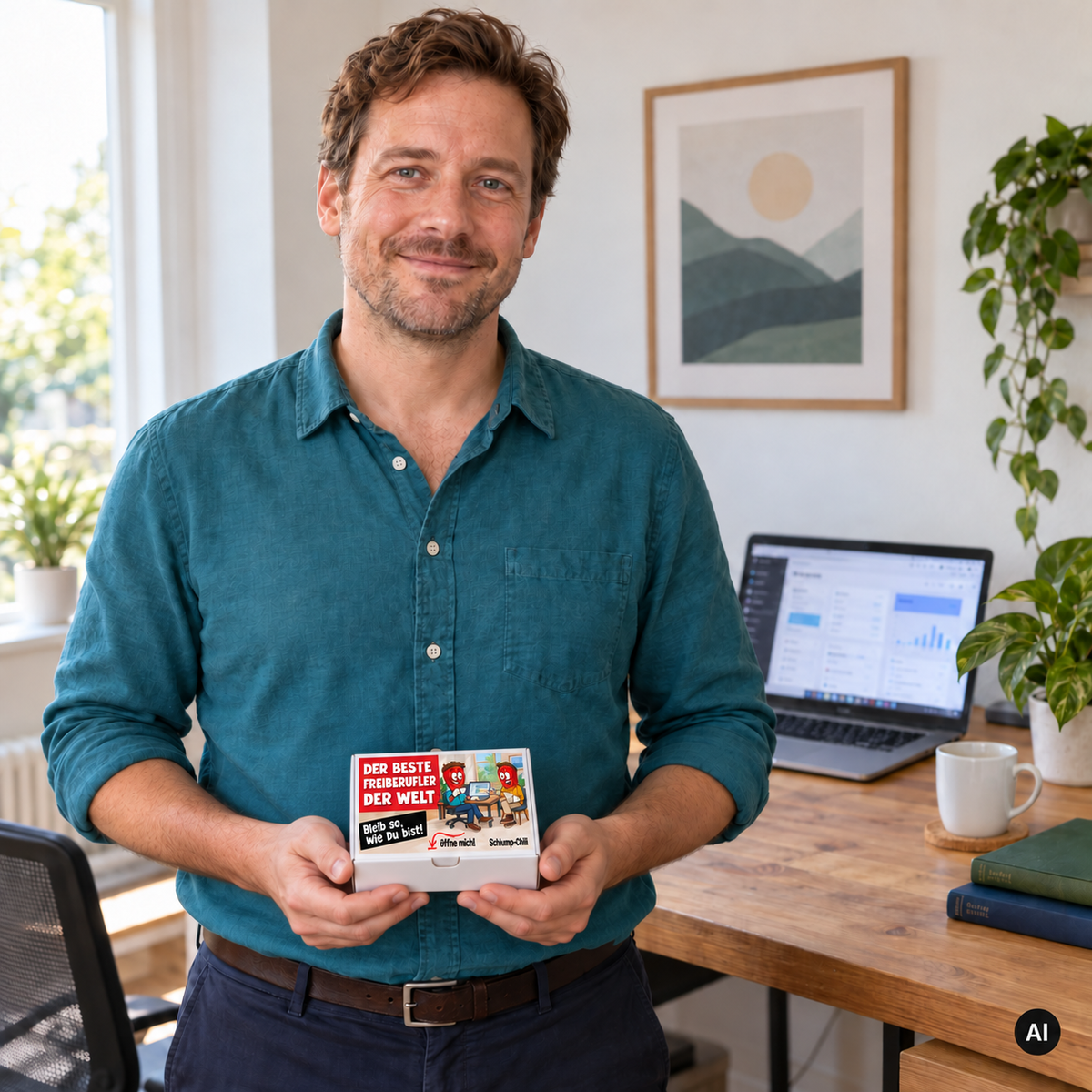 Der beste Freiberufler der Welt – Lifestylebild mit kleiner Geschenkbox (AI)