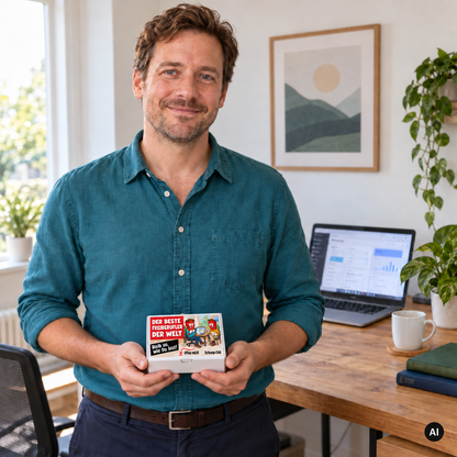 Der beste Freiberufler der Welt – Lifestylebild mit kleiner Geschenkbox (AI)