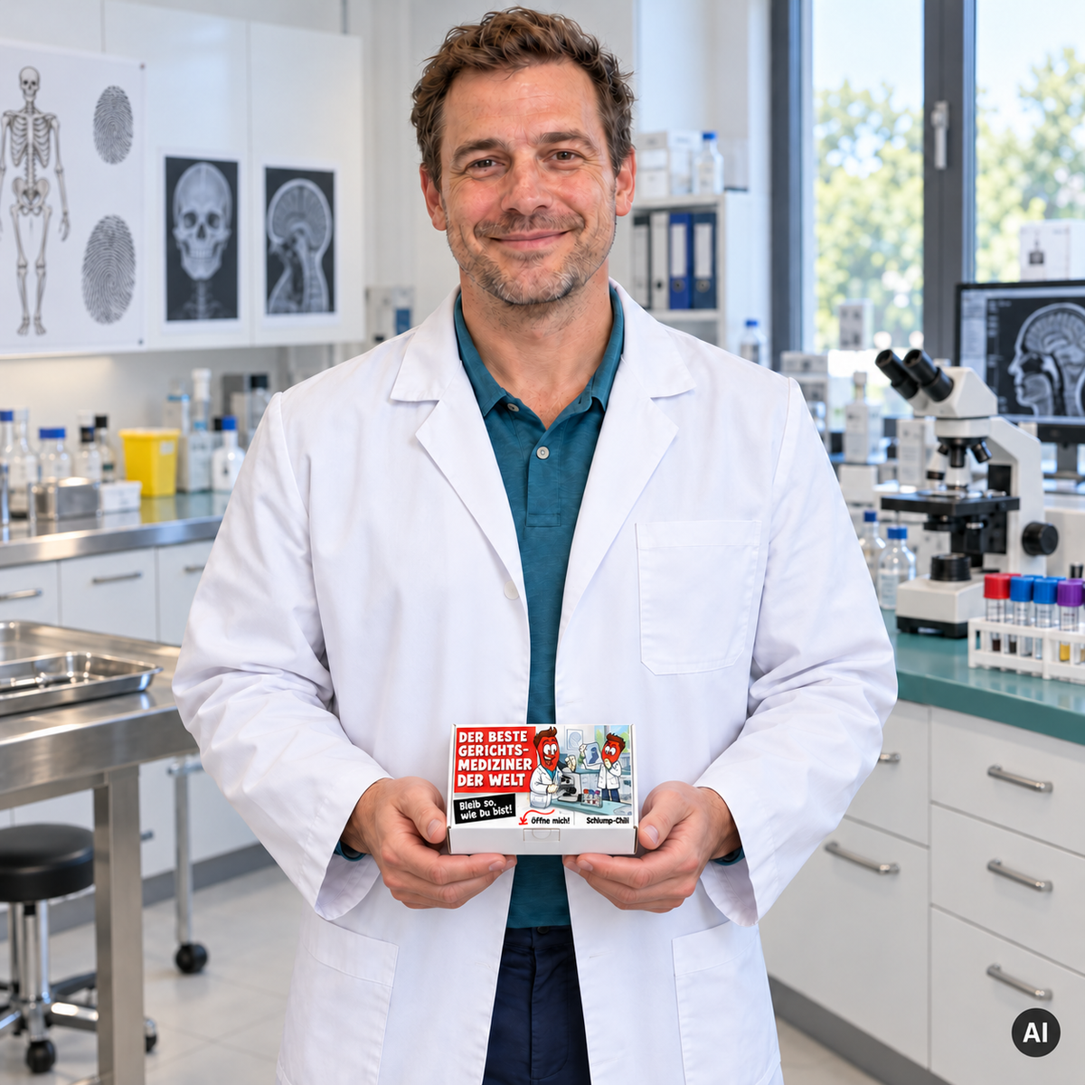 Der beste Gerichtsmediziner der Welt – Lifestylebild mit kleiner Geschenkbox (AI)