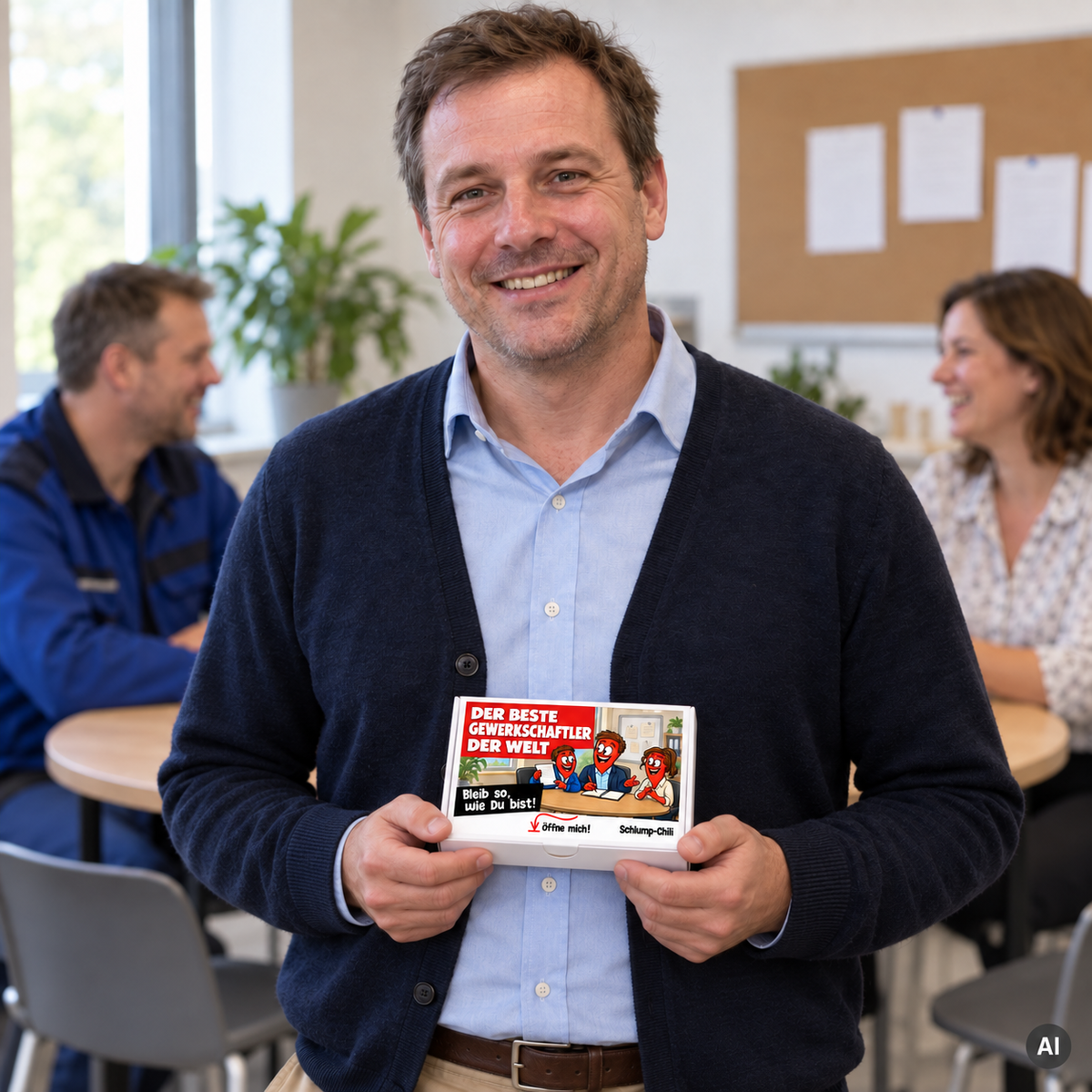 Der beste Gewerkschaftler der Welt – kleine Geschenkbox in der Hand (AI)