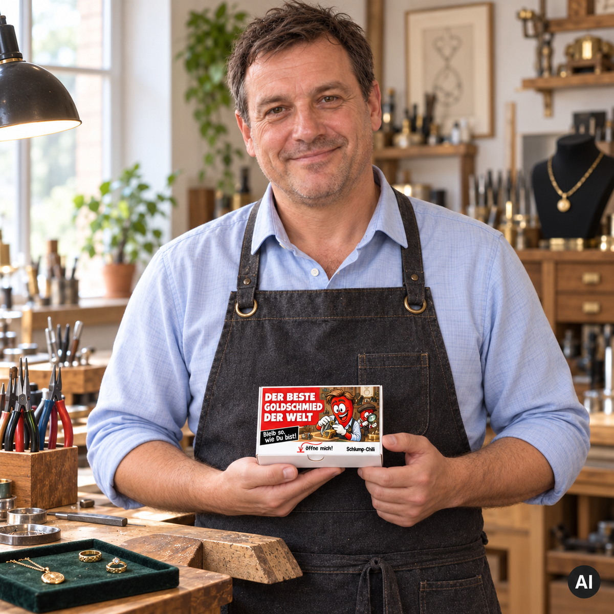 Der beste Goldschmied der Welt – Lifestylebild mit kleiner A6-Geschenkschachtel