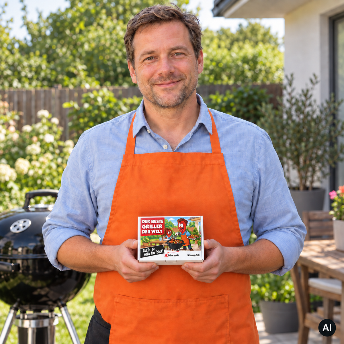 Der beste Griller der Welt – Lifestylebild mit kleiner A6-Geschenkschachtel