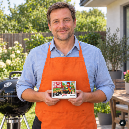 Der beste Griller der Welt – Lifestylebild mit kleiner A6-Geschenkschachtel