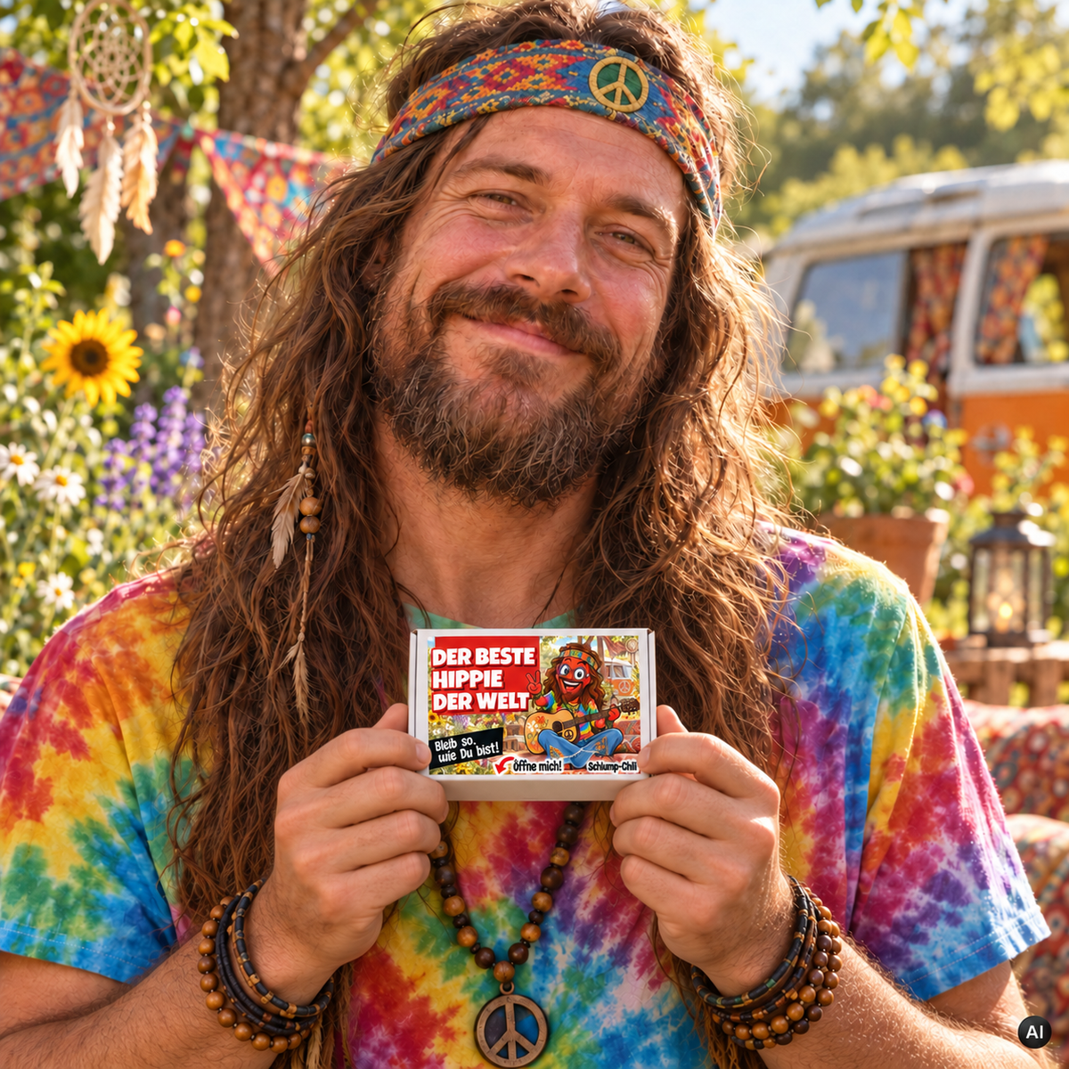 Der beste Hippie der Welt – kleine Geschenkbox in der Hand (AI)