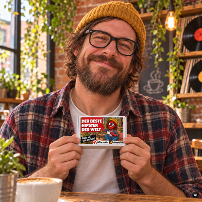 Der beste Hipster der Welt – kleine Geschenkbox in der Hand (AI)