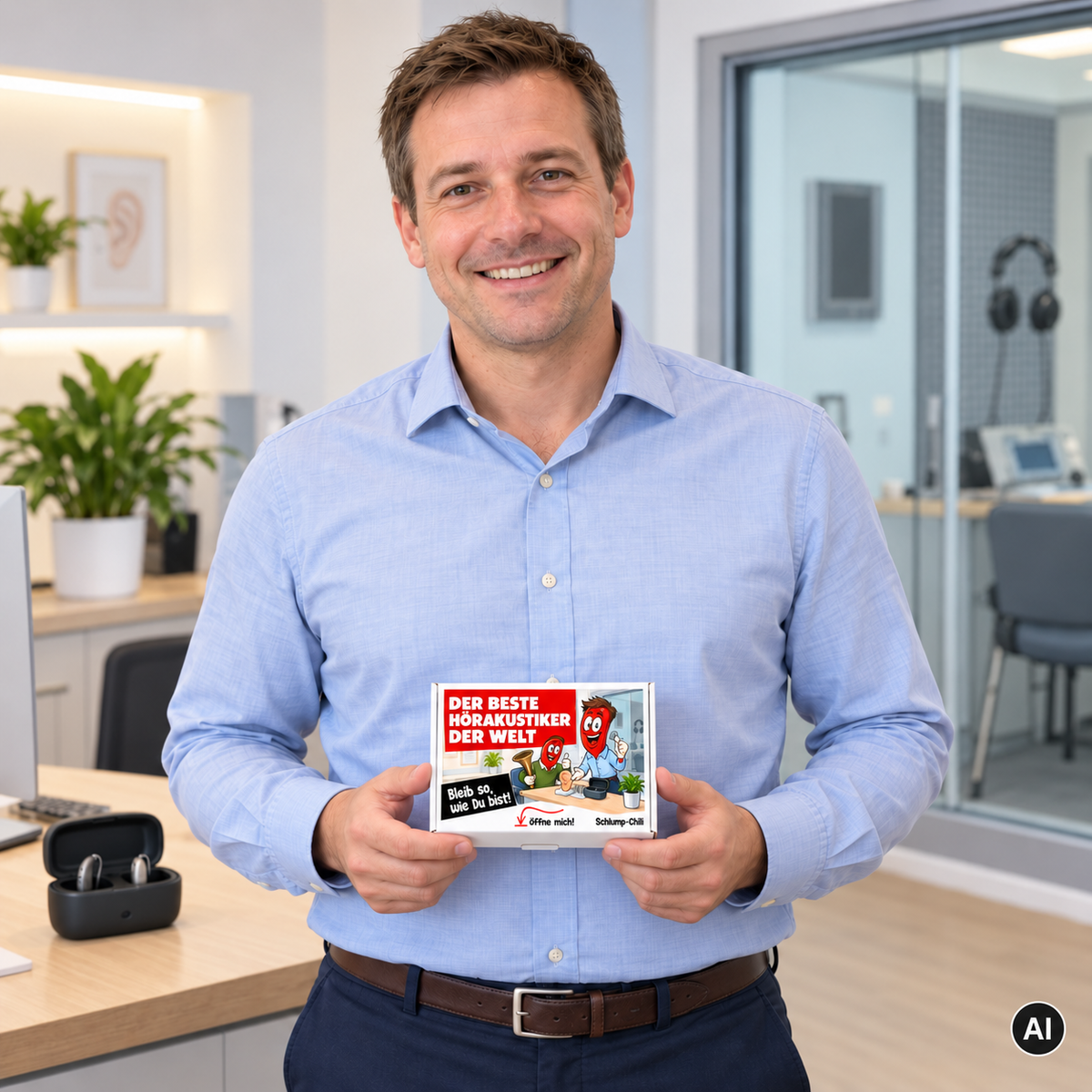 Der beste Hörakustiker der Welt – Lifestyle mit kleiner A6-Geschenkbox, AI