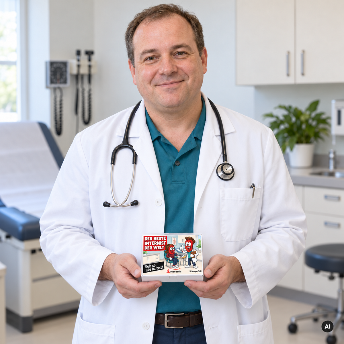 Der beste Internist der Welt – Lifestylebild mit kleiner Geschenkbox (AI)