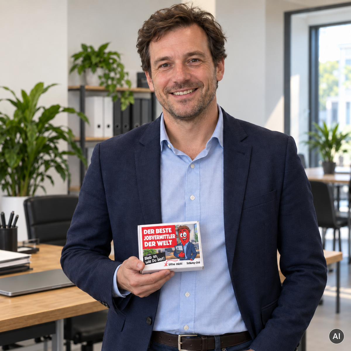 Der beste Jobvermittler der Welt – kleine Geschenkbox in der Hand (AI)
