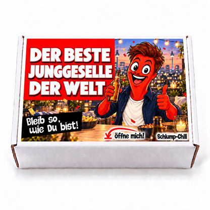 Der beste Junggeselle der Welt – weiße Geschenkbox, Vorderansicht