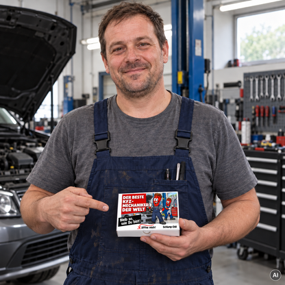 Der beste Kfz-Mechaniker der Welt – kleine Geschenkbox in der Hand (AI)