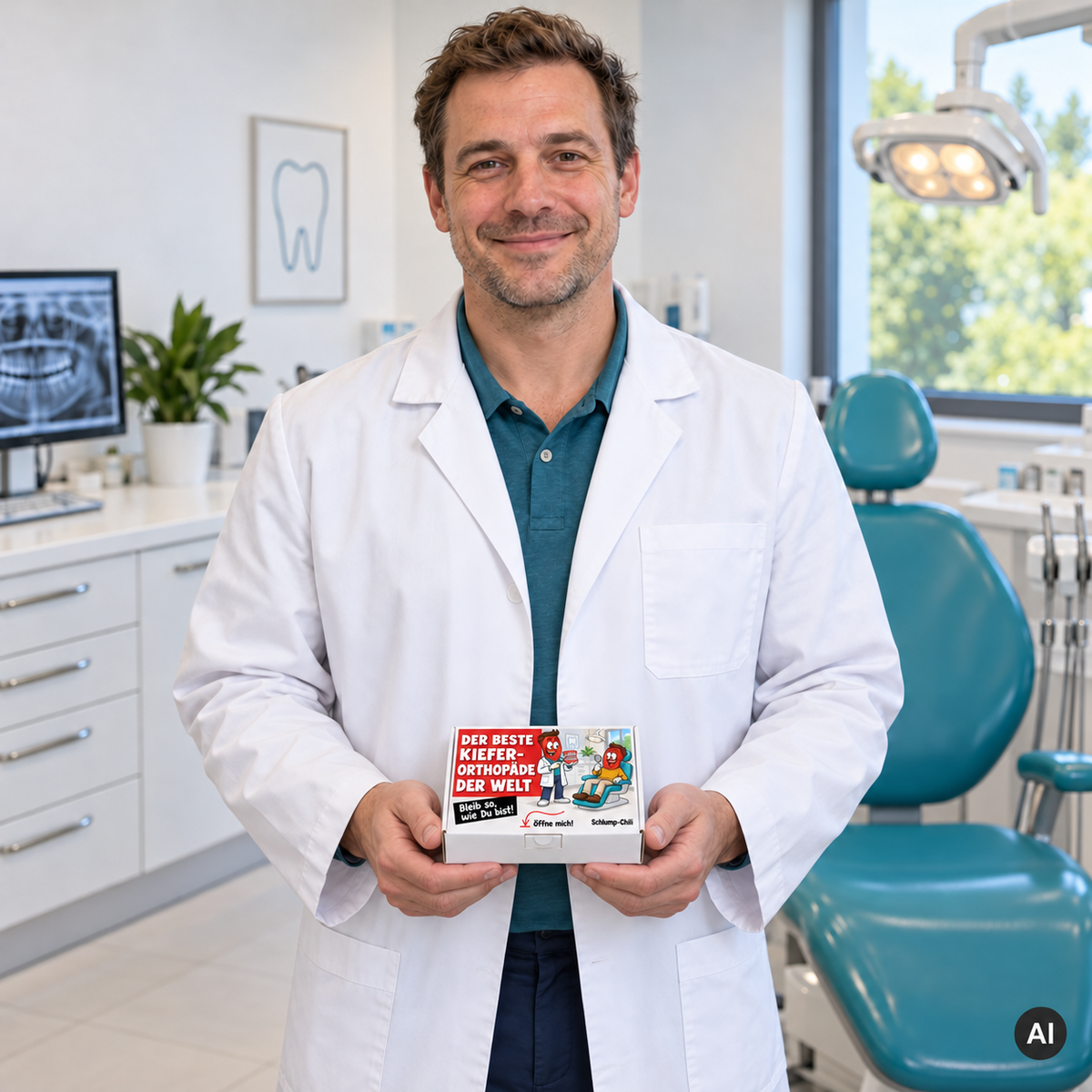 Der beste Kieferorthopäde der Welt – Lifestylebild mit kleiner Geschenkbox (AI)