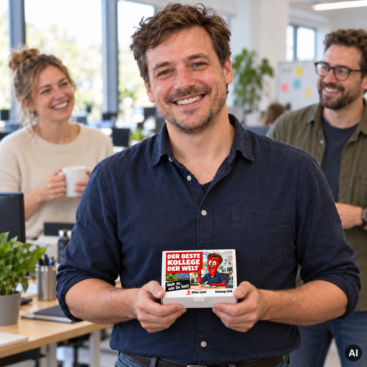 Der beste Kollege der Welt – kleine Geschenkbox in der Hand (AI)
