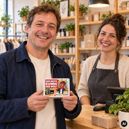 Der beste Kunde der Welt – kleine Geschenkbox in der Hand (AI)
