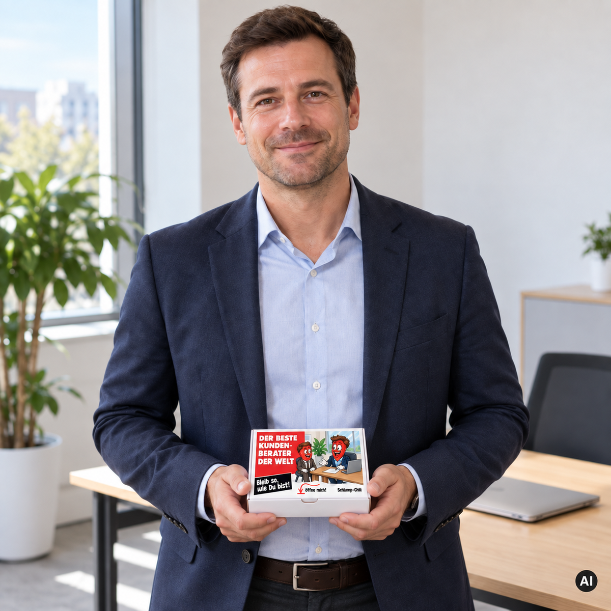Der beste Kundenberater der Welt – Lifestylebild mit kleiner A6-Geschenkschachtel