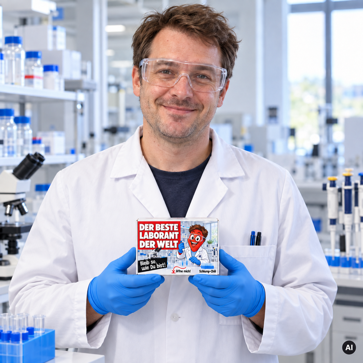 Der beste Laborant der Welt – Lifestylebild mit kleiner weißer Geschenkbox (ca. A6), KI-generiert