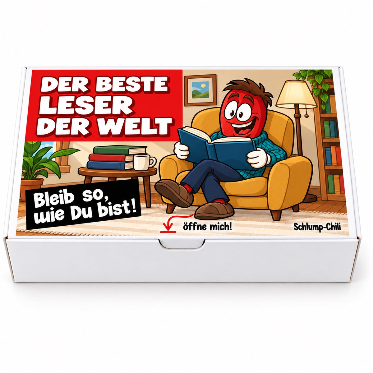 Der beste Leser der Welt – Frontansicht der Chili-Geschenkbox
