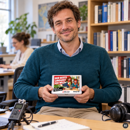 Der beste Linguist der Welt – kleine Geschenkbox in der Hand (AI)