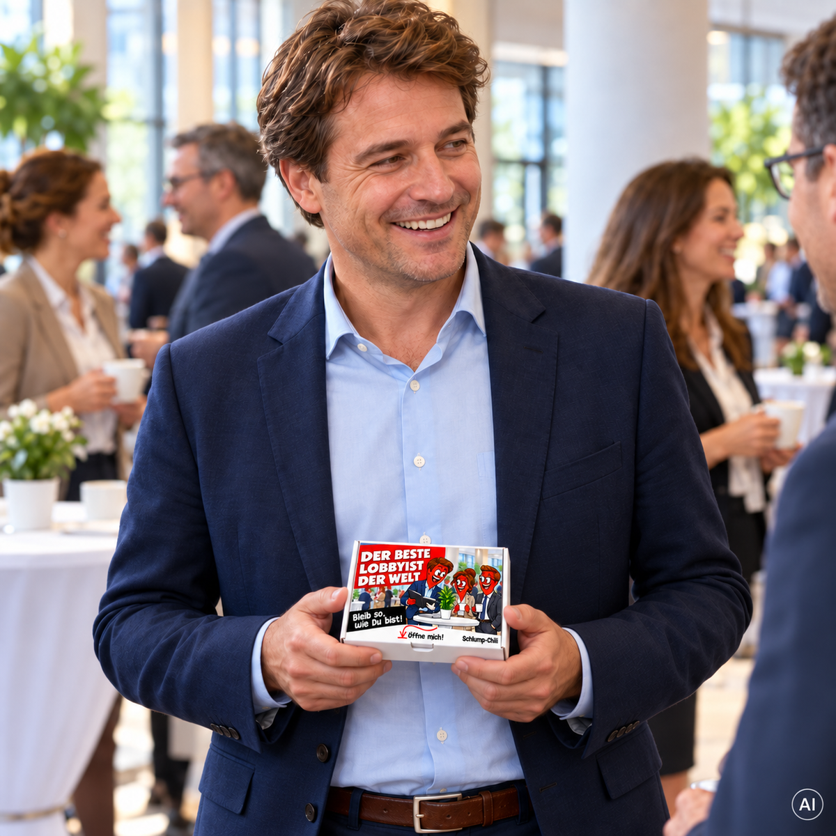 Der beste Lobbyist der Welt – kleine Geschenkbox in der Hand (AI)