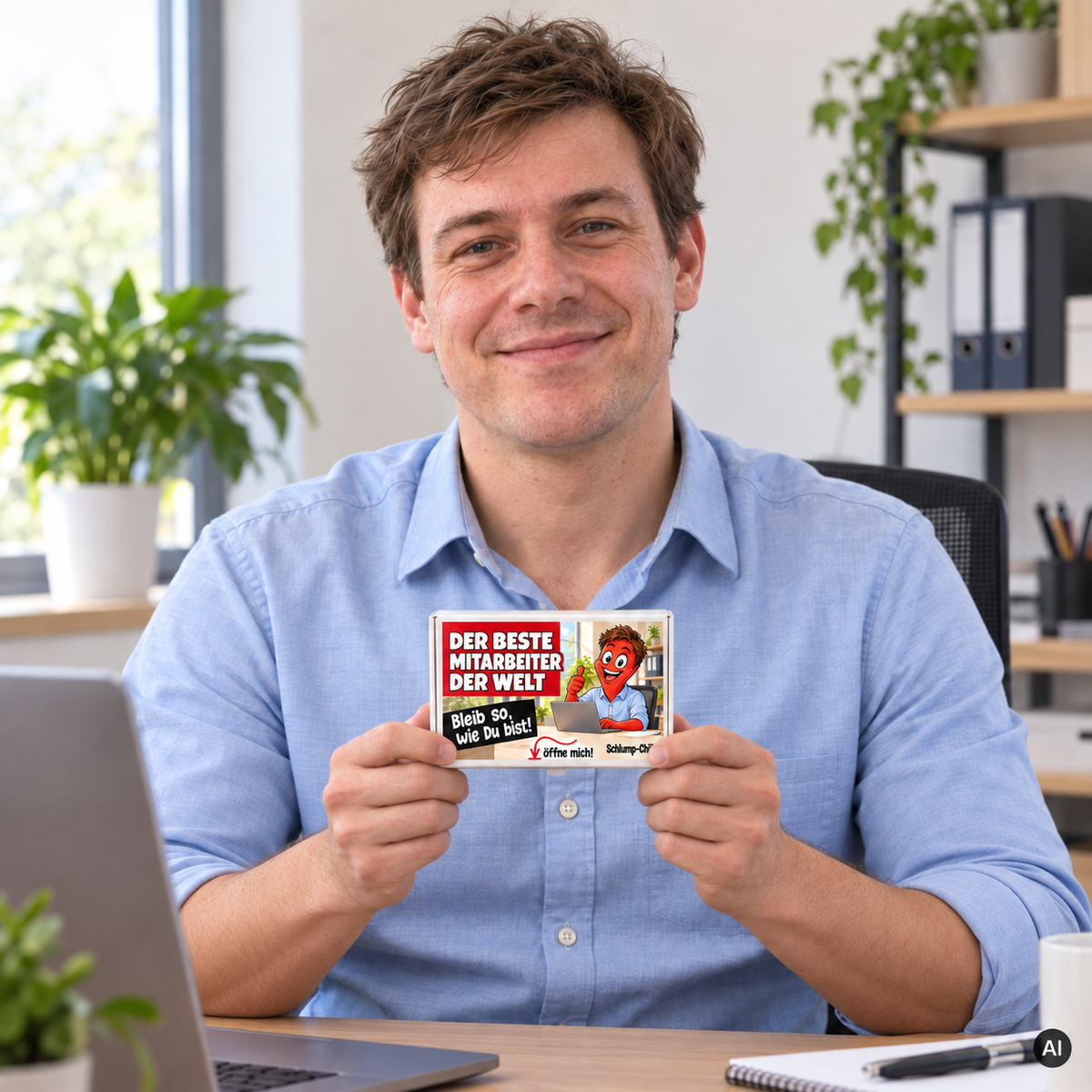 Der beste Mitarbeiter der Welt – kleine Geschenkbox in der Hand (AI)