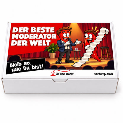 Der beste Moderator der Welt – Geschenkbox Vorderansicht