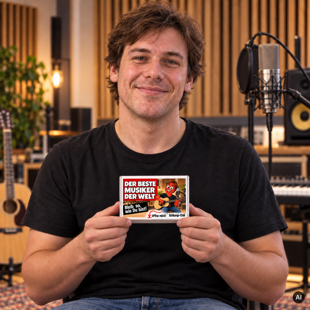 Der beste Musiker der Welt – kleine Geschenkbox in der Hand (AI)