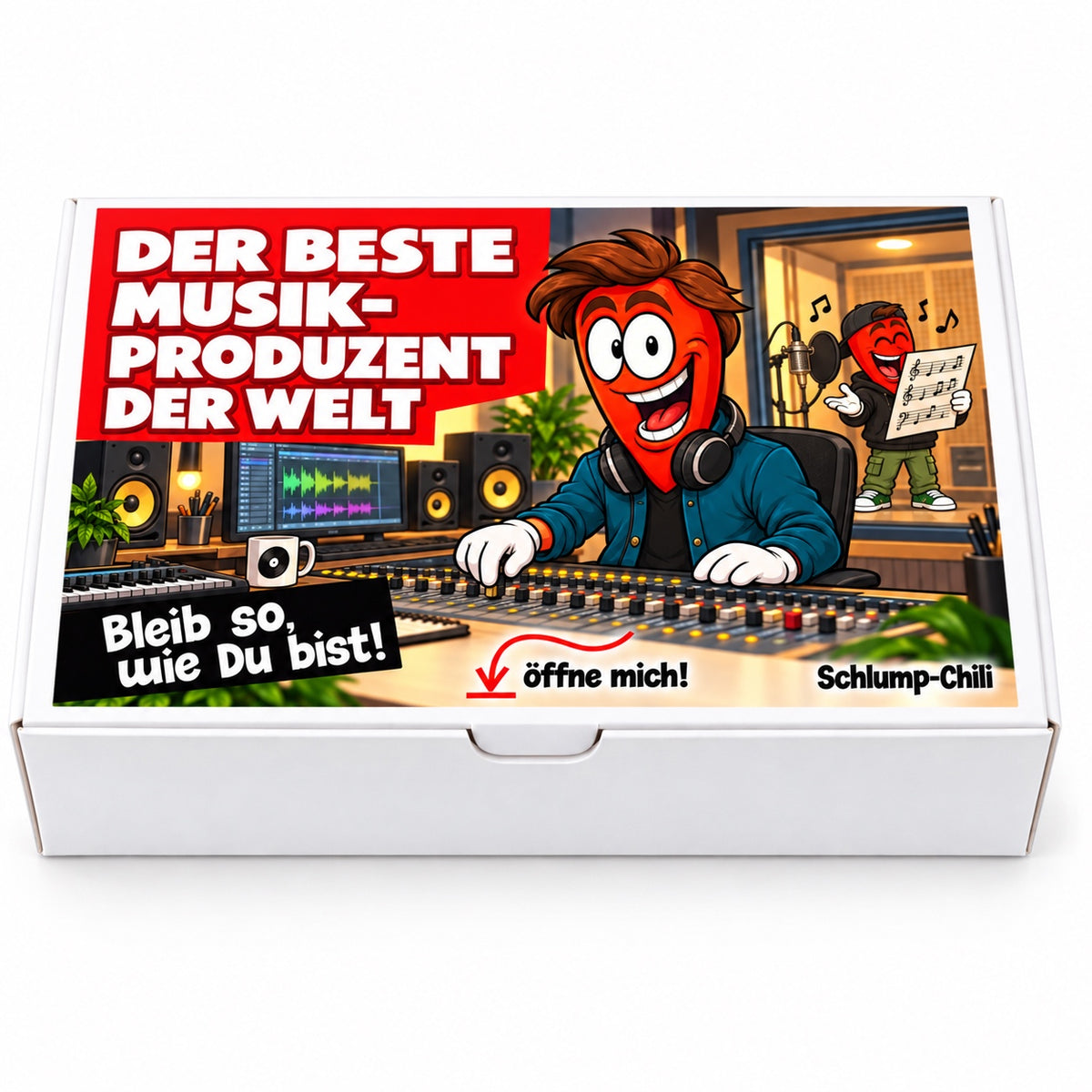 Der beste Musikproduzent der Welt – Frontansicht der Chili-Geschenkbox