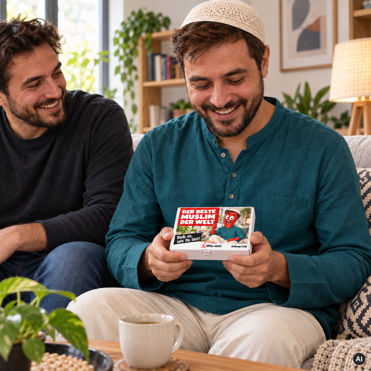 Der beste Muslim der Welt – kleine Geschenkbox in der Hand (AI)