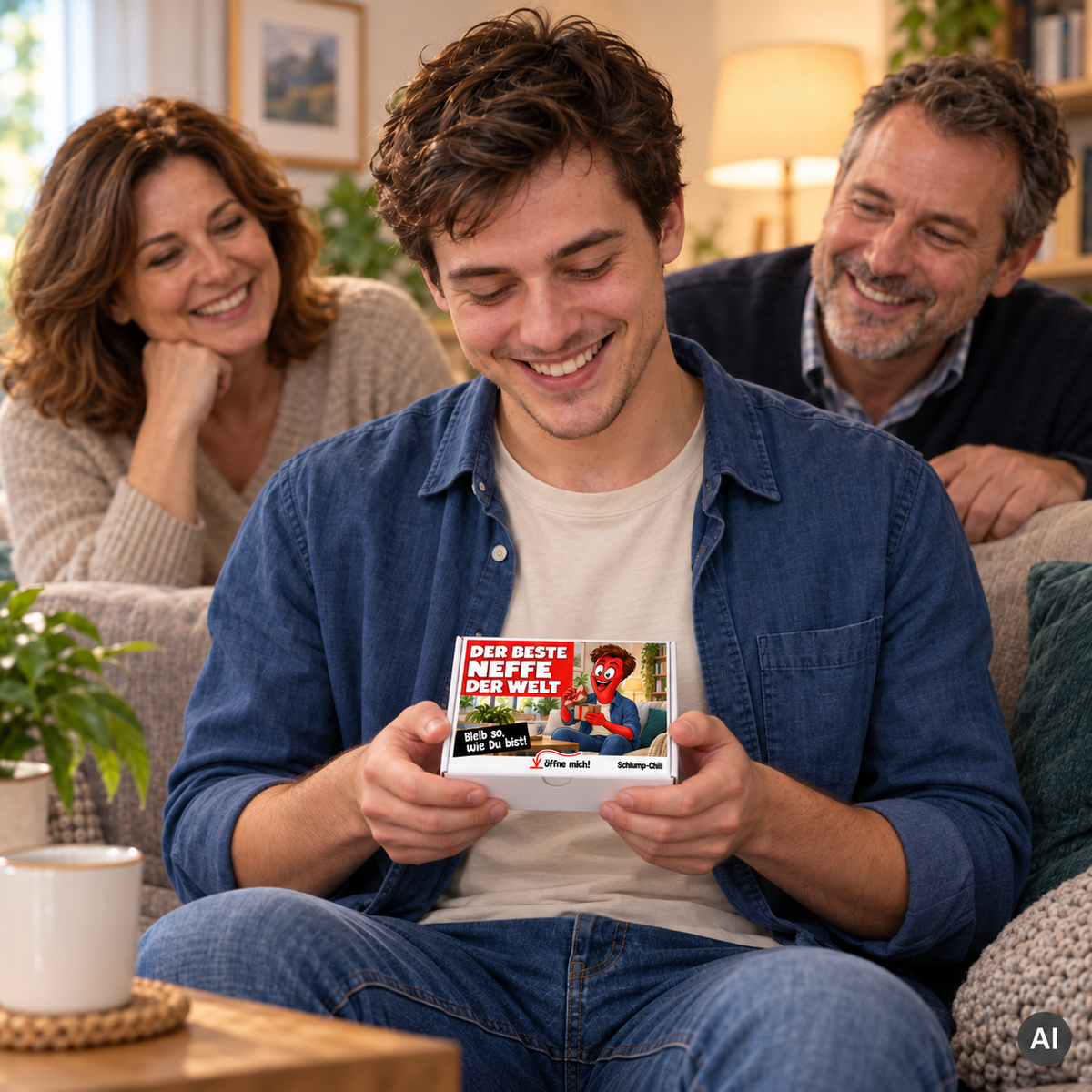 Der beste Neffe der Welt – kleine Geschenkbox in der Hand (AI)