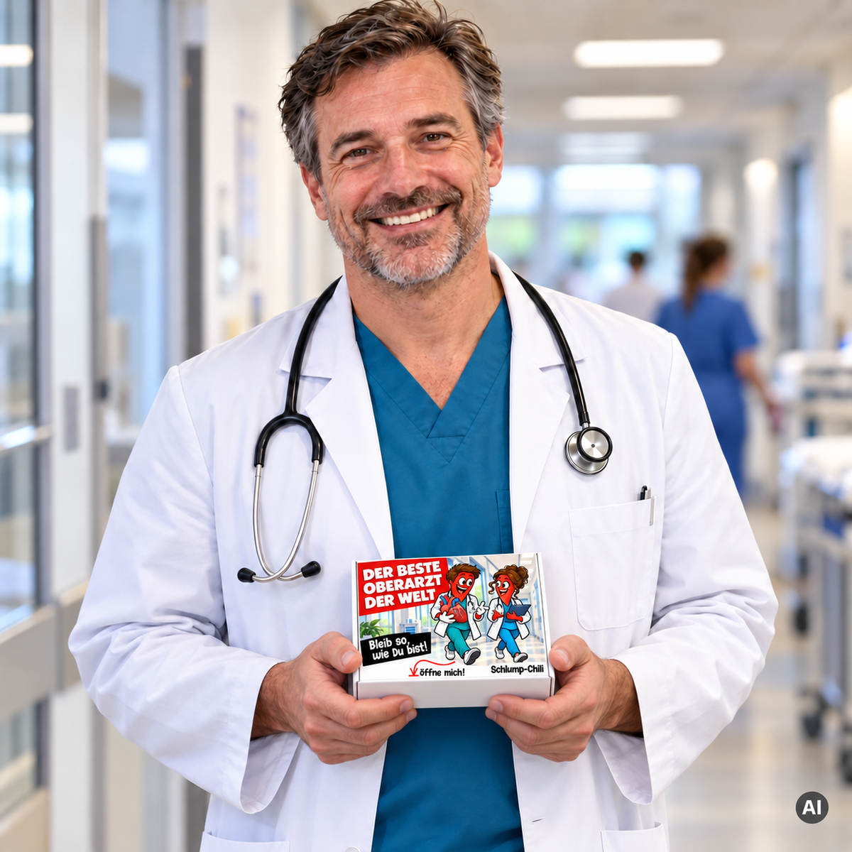 Der beste Oberarzt der Welt – kleine Geschenkbox in der Hand (AI)