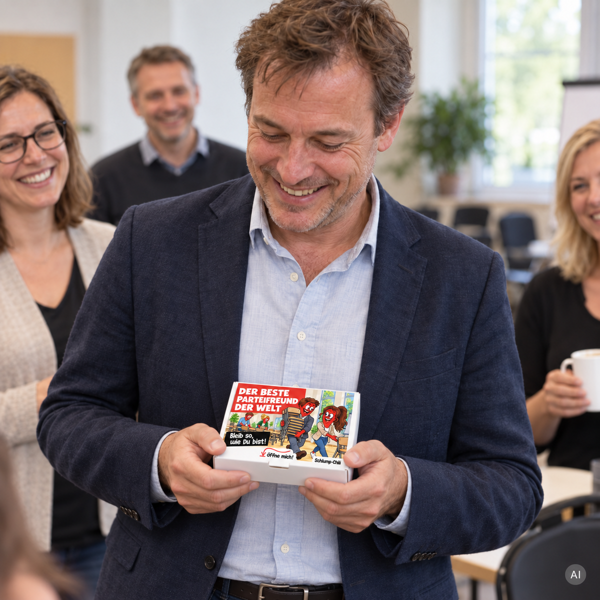 Der beste Parteifreund der Welt – kleine Geschenkbox in der Hand (AI)