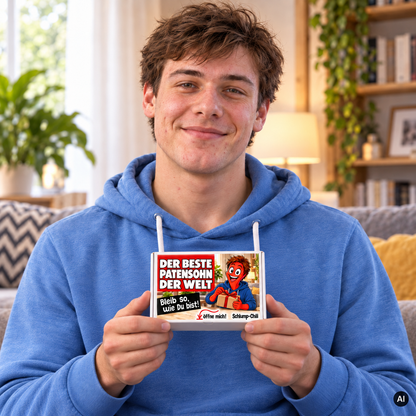 Der beste Patensohn der Welt – kleine Geschenkbox in der Hand (AI)
