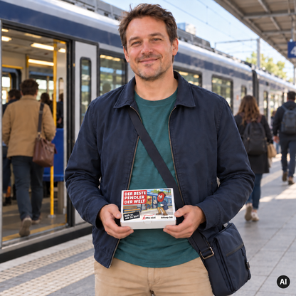 Der beste Pendler der Welt – Lifestylebild mit kleiner Geschenkbox (AI)
