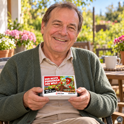 Der beste Pensionär der Welt – kleine Geschenkbox in der Hand (AI)
