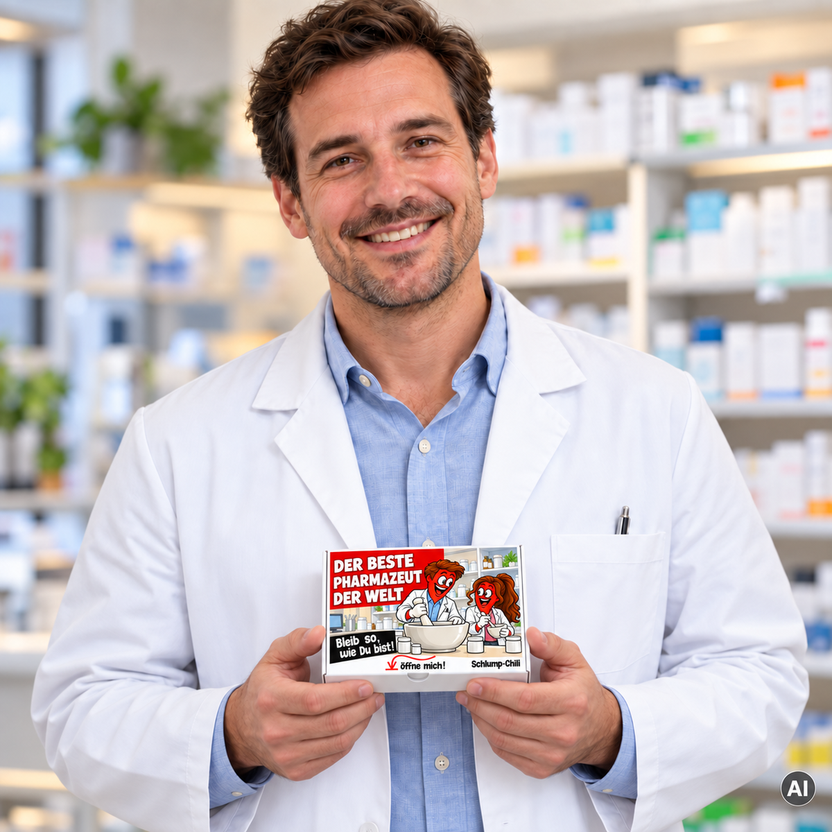 Der beste Pharmazeut der Welt – kleine Geschenkbox in der Hand (AI)