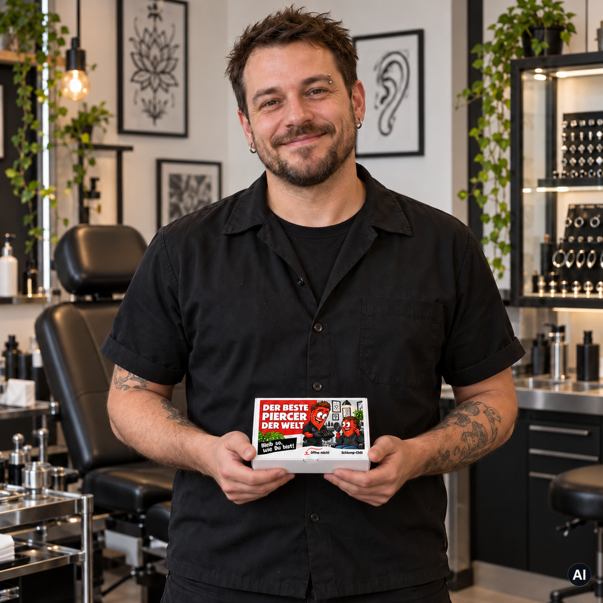 Der beste Piercer der Welt – Lifestylebild mit kleiner A6-Geschenkschachtel