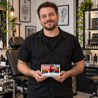 Der beste Piercer der Welt – Lifestylebild mit kleiner A6-Geschenkschachtel
