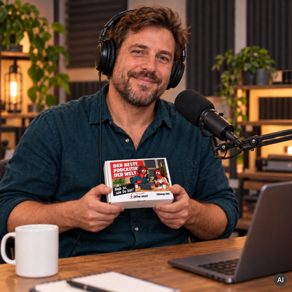 Der beste Podcaster der Welt – kleine Geschenkbox in der Hand (AI)